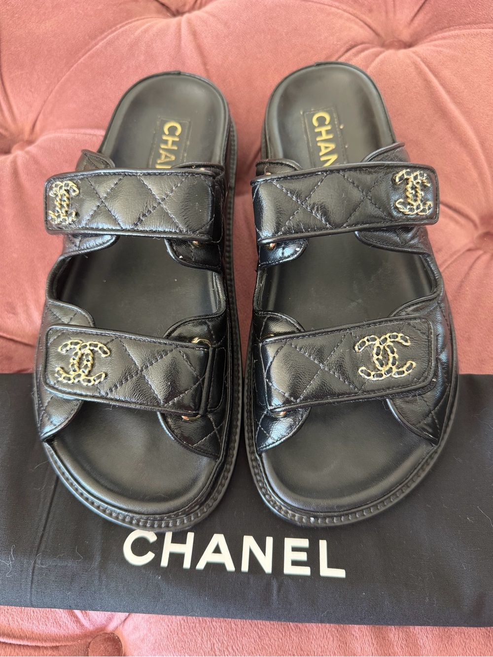 CHANEL DADS  Black Quilted Leather Double-Strap Slide Sandals with Gold CC 🖤